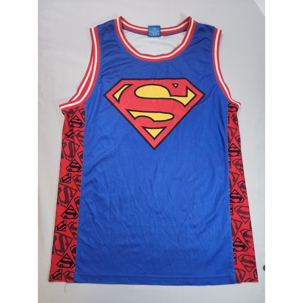 Superman DC Comics Basketball Jersey Blue Red Mesh Tank‎ Top Mens Large s15